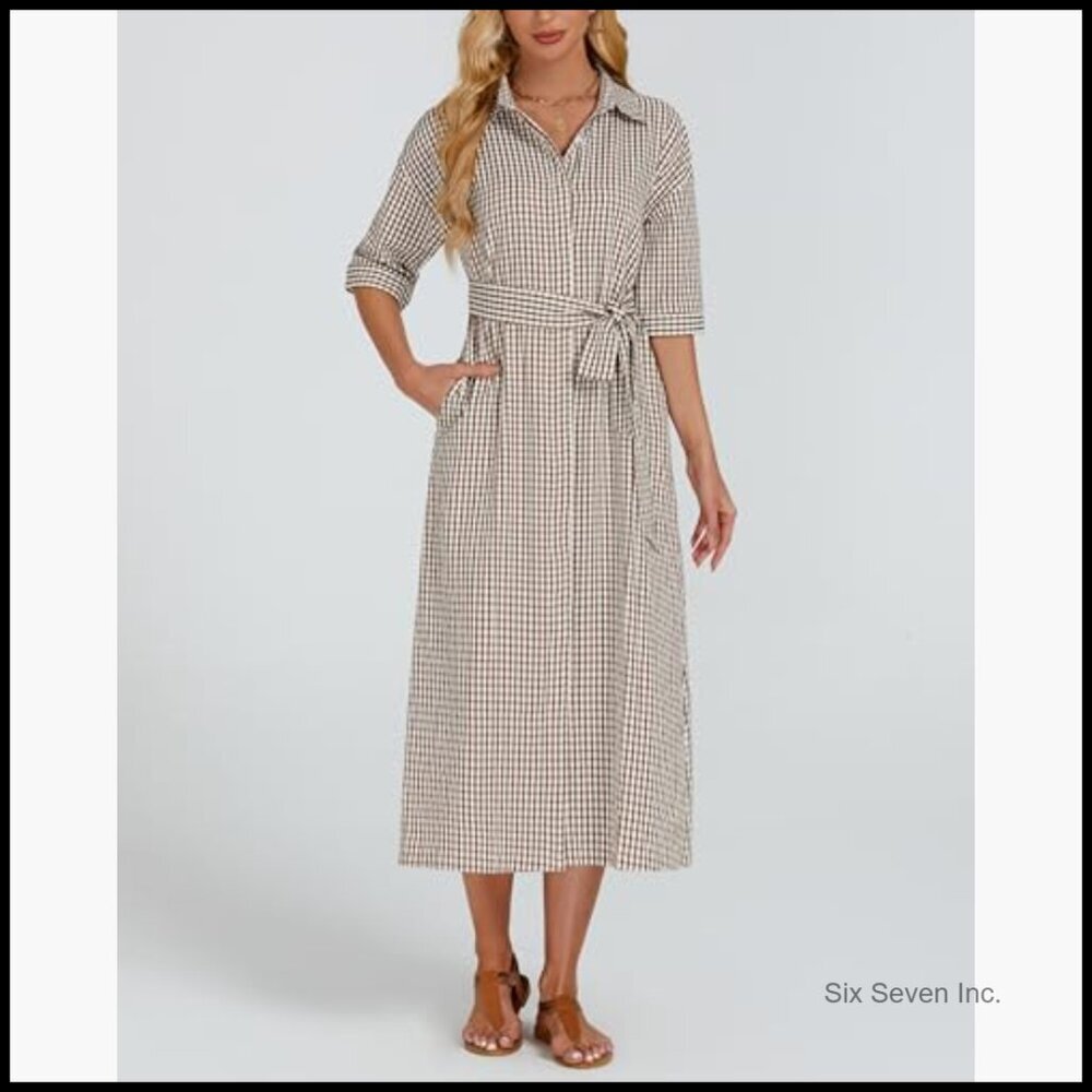 Half Sleeve Plaid Maxi Dress with Removable Belt and Pockets - Picture 6 of 7